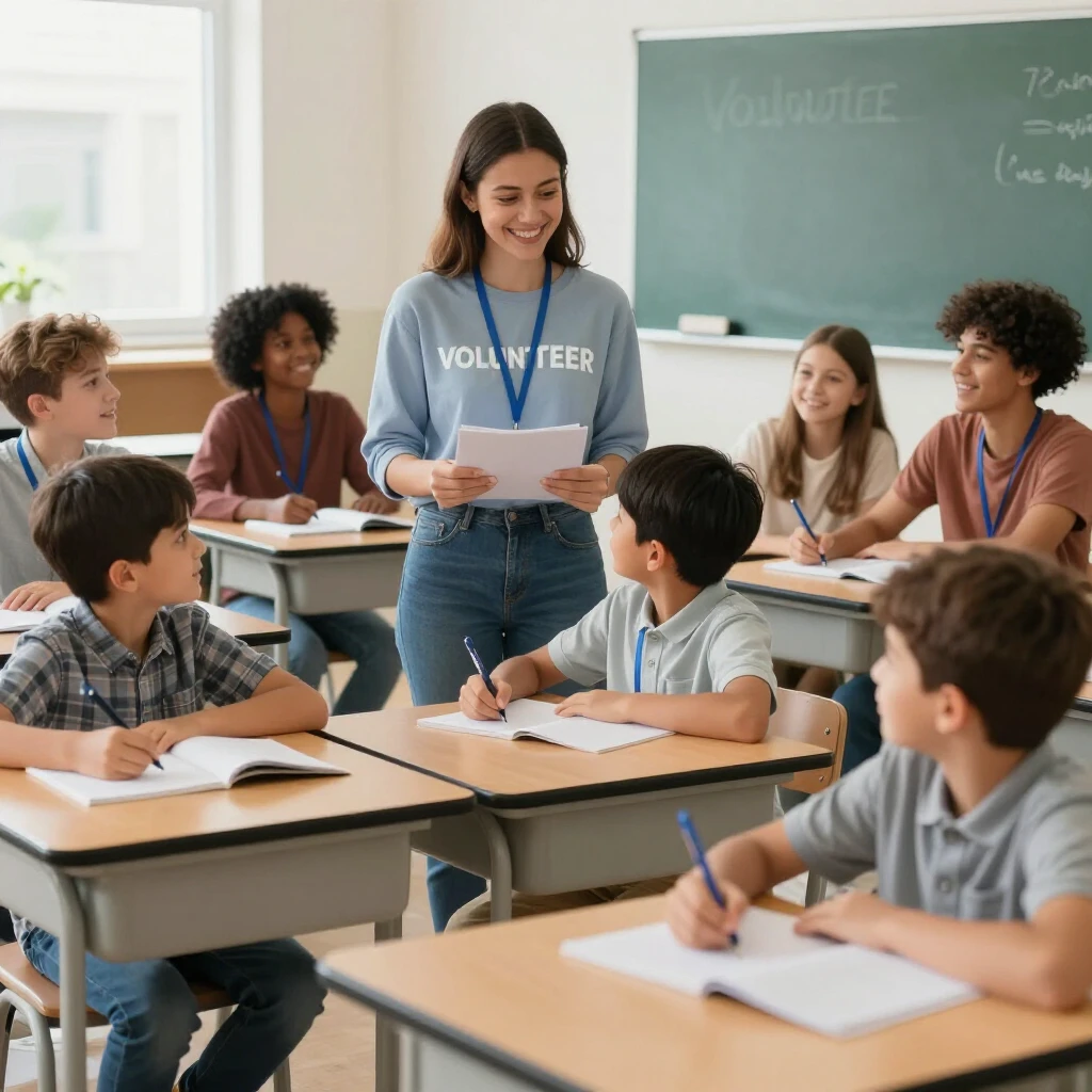 Diverse young professionals tutoring children in a classroom