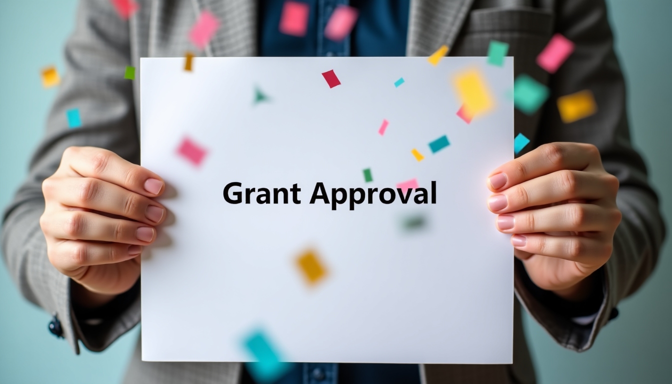 Hands holding a successful grant application form with a celebratory background.