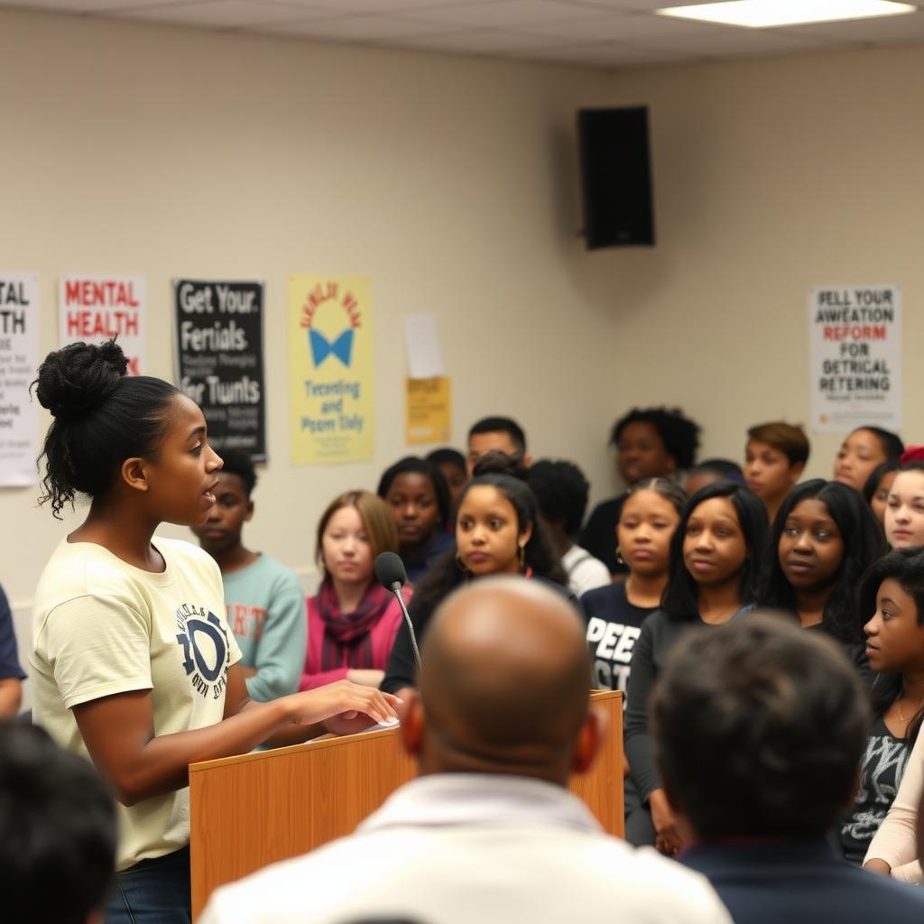 Young woman speaking at a town hall, addressing an audience on mental health and education reform.