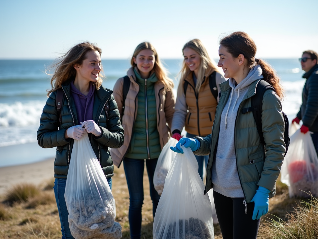 College students participating in a beach cleanup