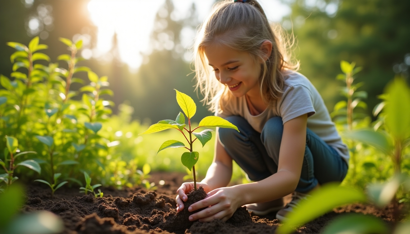 A student planting a tree in a community park as part of a biology project.
