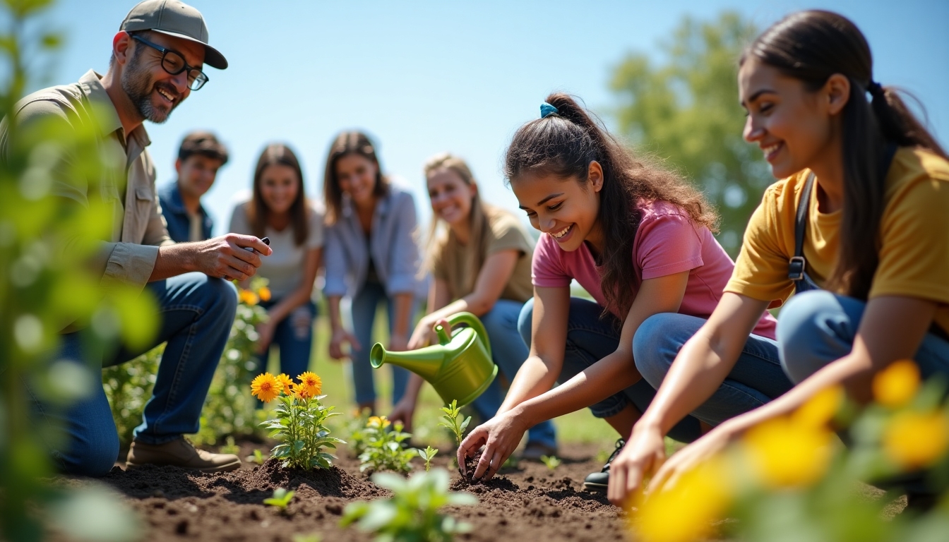 Volunteers planting trees and flowers in a community garden on a sunny day