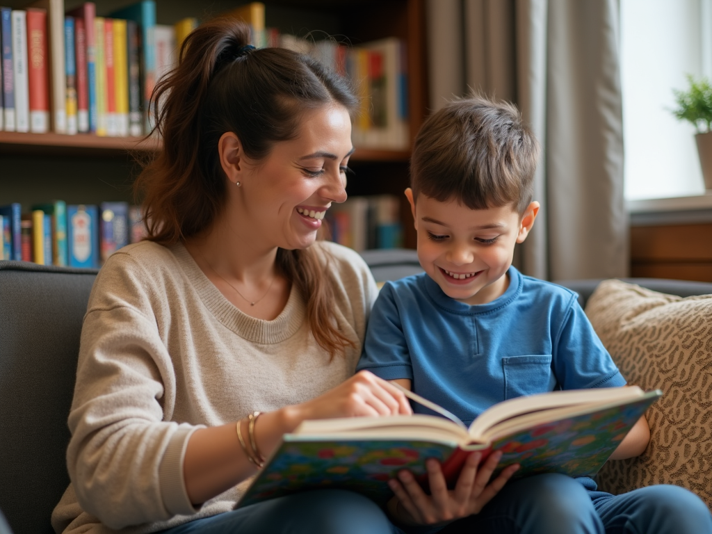 Volunteer helping a child read in a library