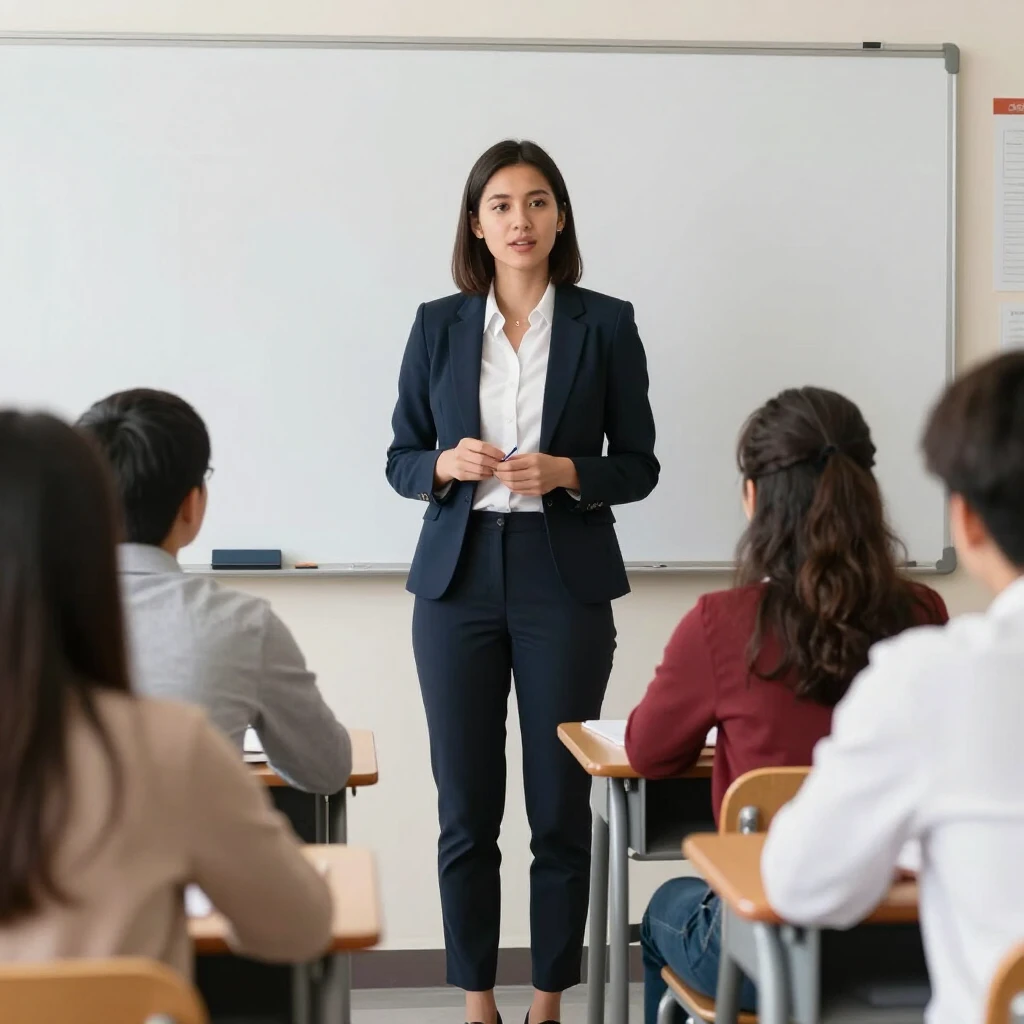 Professional volunteer teaching students in classroom