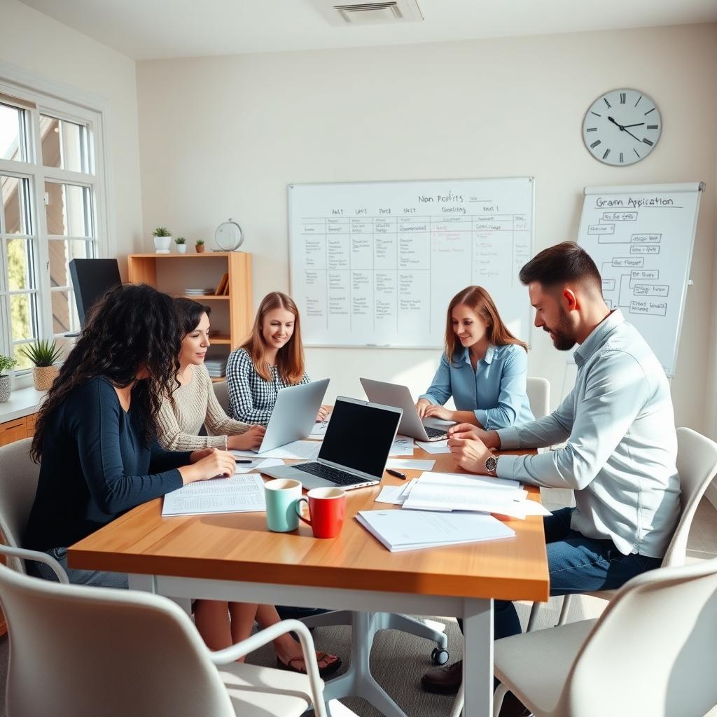Non-profit team brainstorming grant applications in a cozy office