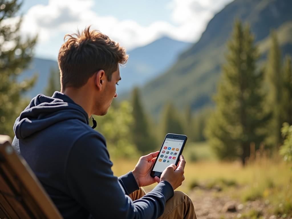 Volunteer learning a new language with an app, combining technology and personal growth through volunteering.