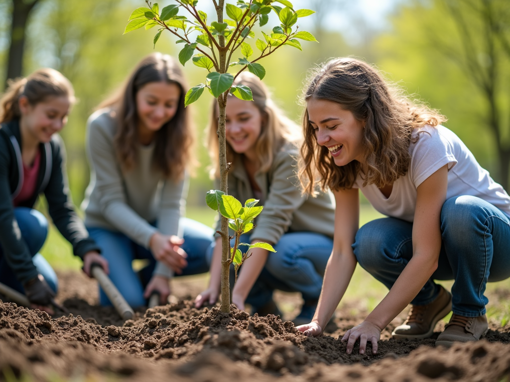 Youth volunteers planting trees in a park.