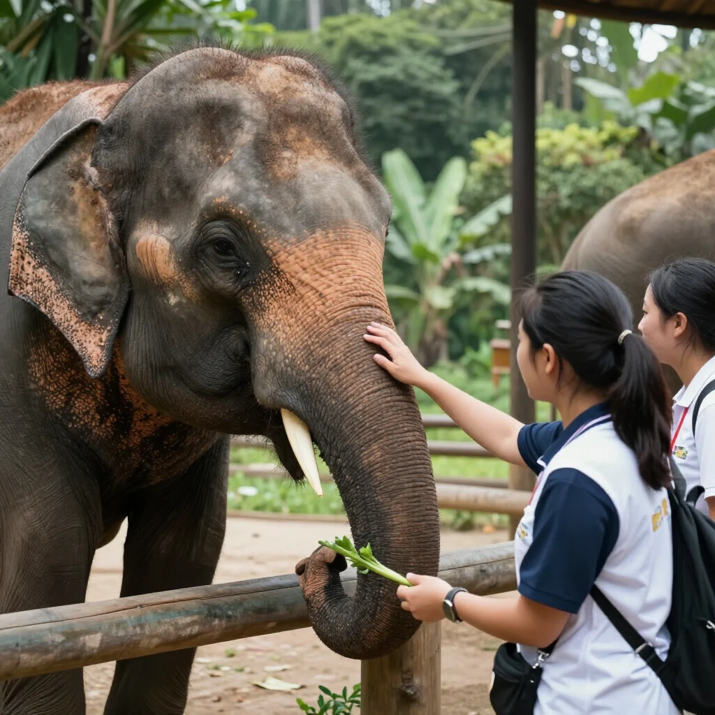 College student volunteer caring for elephants in an Asian sanctuary