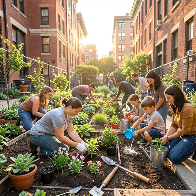 Community members tending to a vibrant urban garden