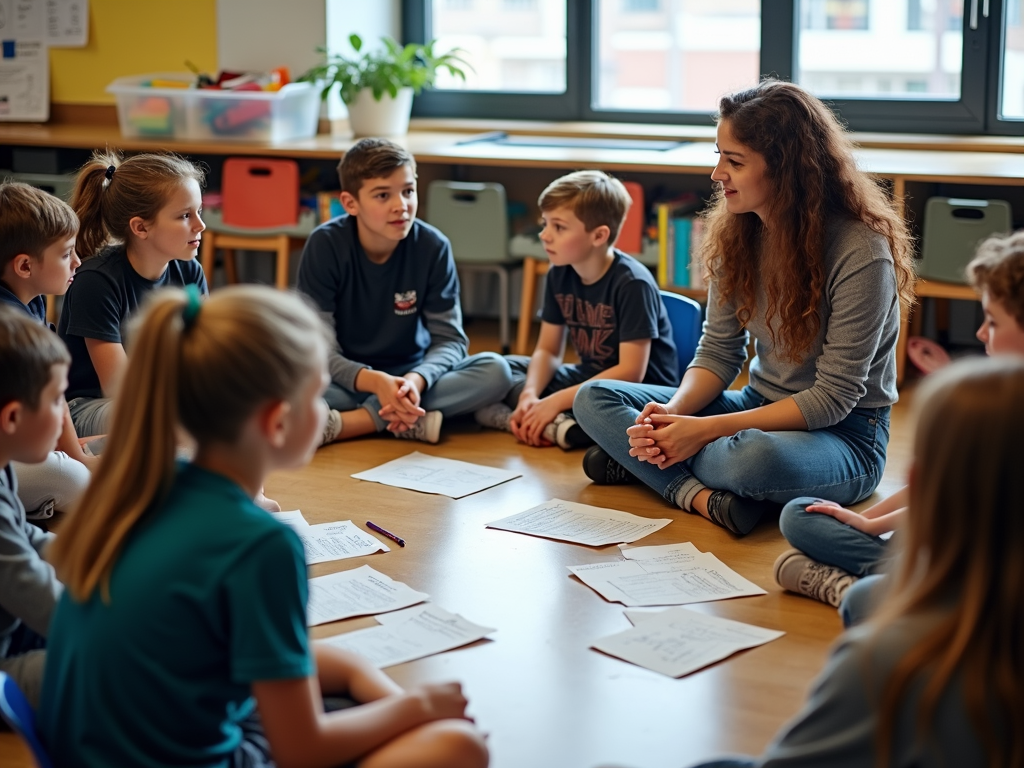 Students reflecting on a service learning project in class