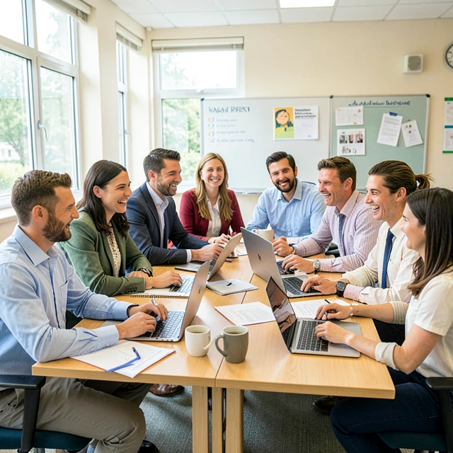 Professionals collaborating on a skill-based volunteering project in a school environment