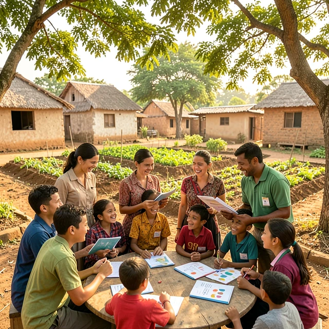 College students volunteering to teach children in an international education program