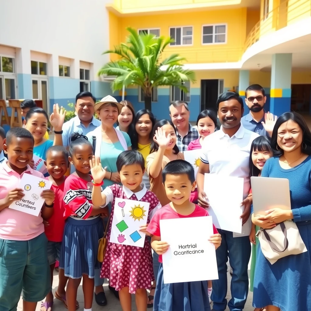 Group of skill-based volunteers celebrating with students and teachers after a day of educational projects