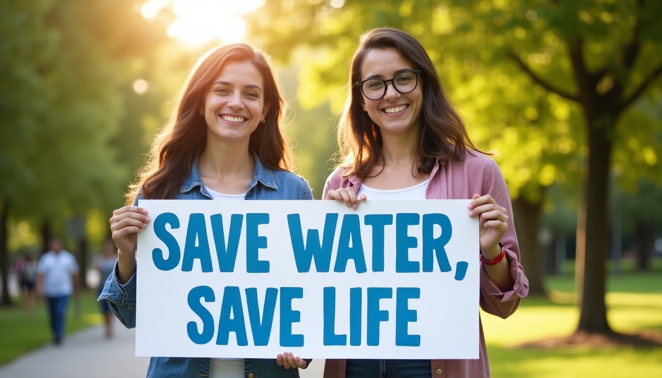 Image of two smiling advocacy volunteers holding a banner about clean water