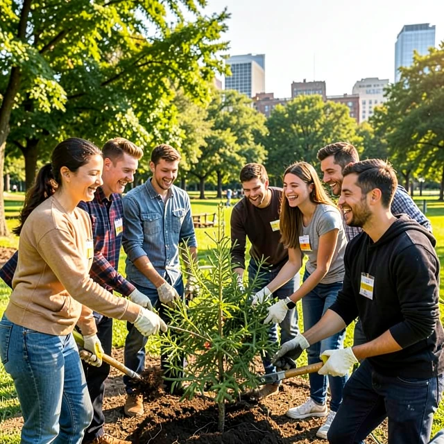 Diverse volunteers collaborating on a community tree planting project