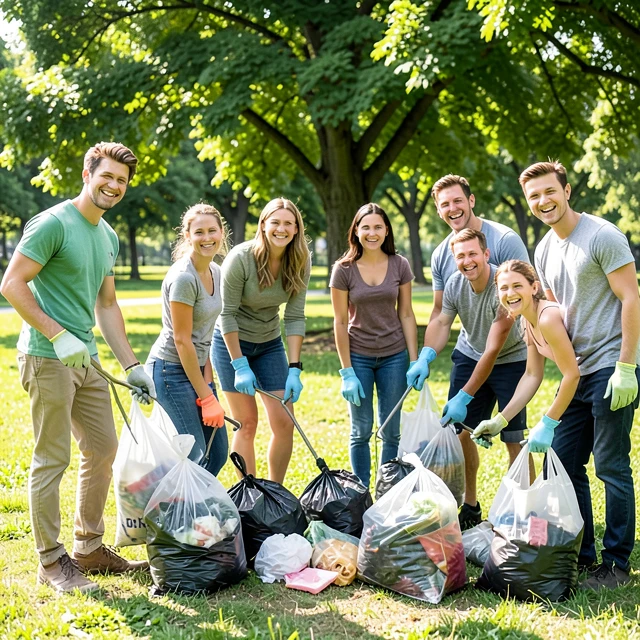 Group of beginners participating in a community park cleanup project