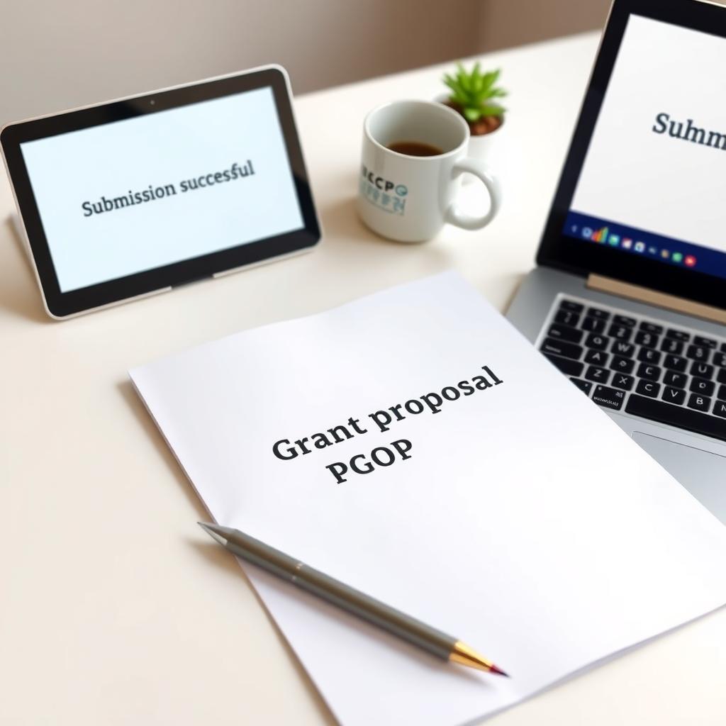 Grant proposal document on a desk with a laptop showing a successful submission message