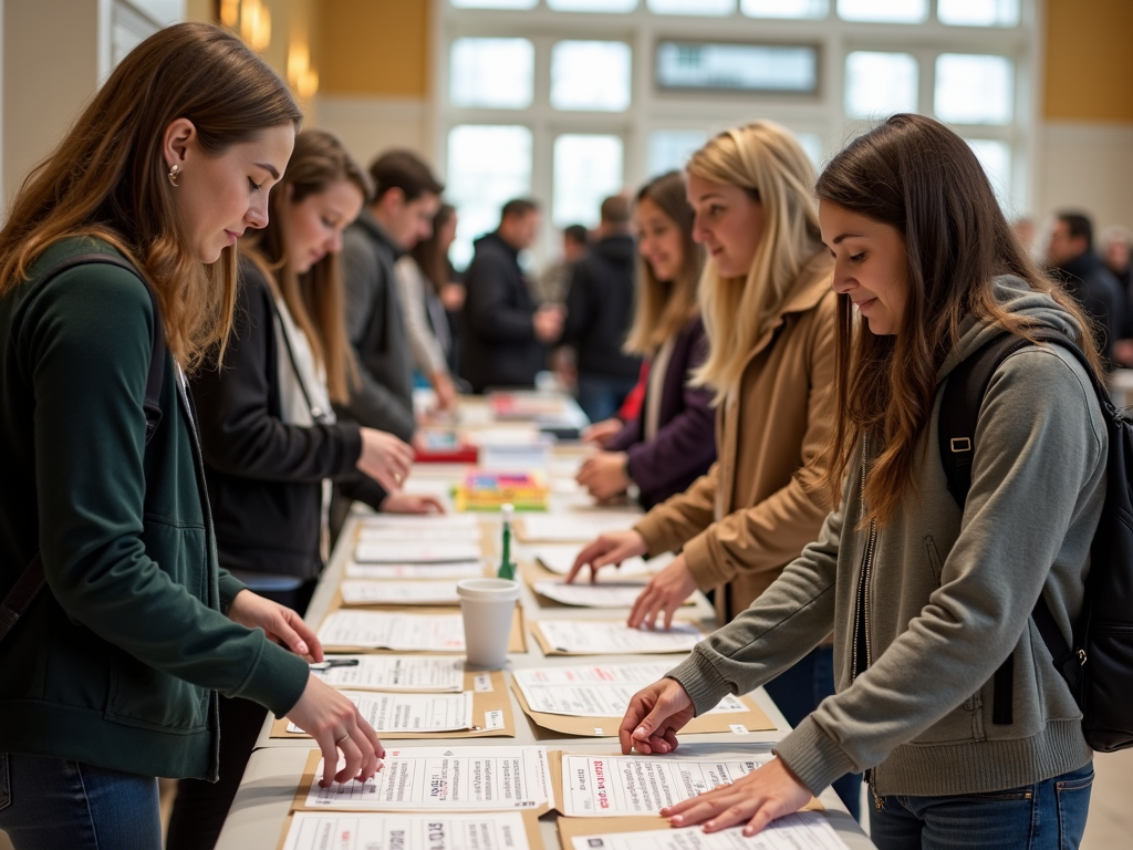 Students at a volunteer fair promoting service-learning projects.