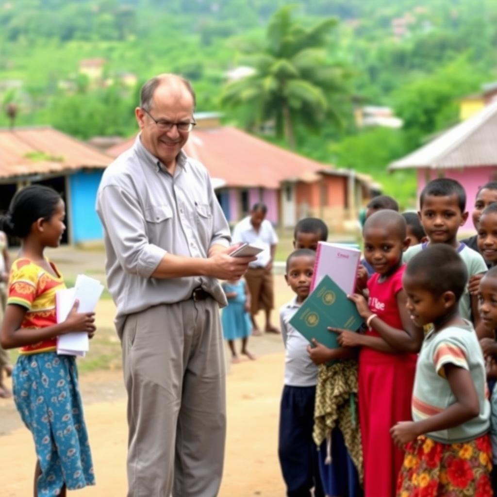 Volunteer in modest clothing handing out notebooks to children in a colorful rural village.