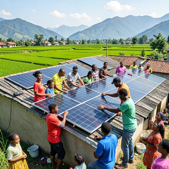 Diverse volunteers installing solar panels for sustainable energy in a rural community