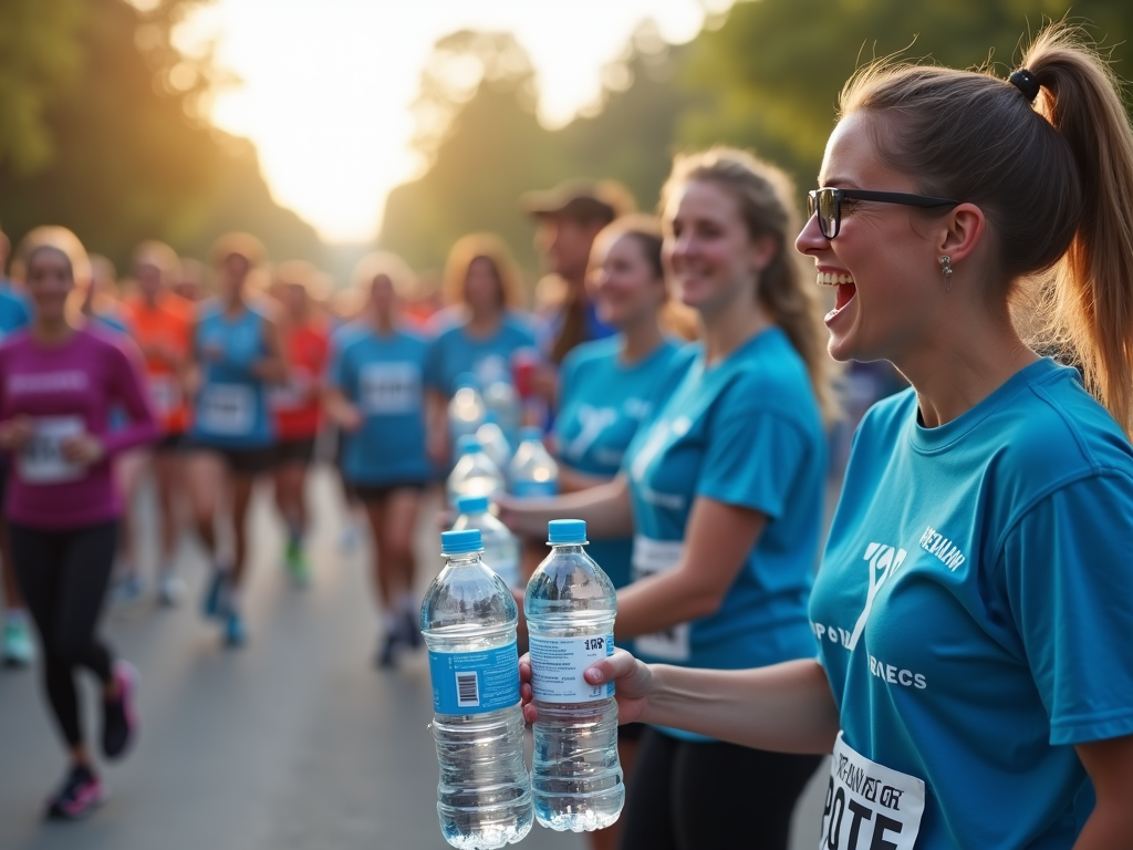 Volunteers supporting runners at a charity event.