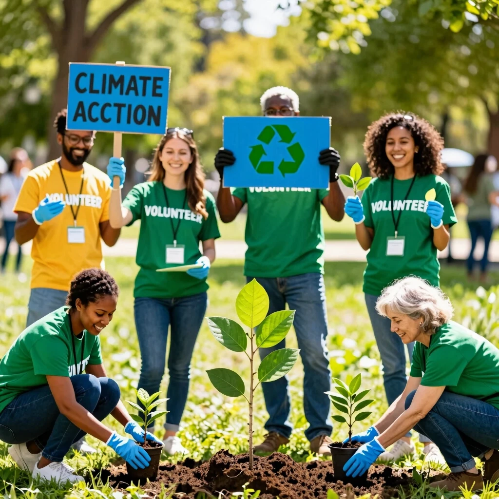 Diverse volunteers engaged in environmental advocacy and tree planting