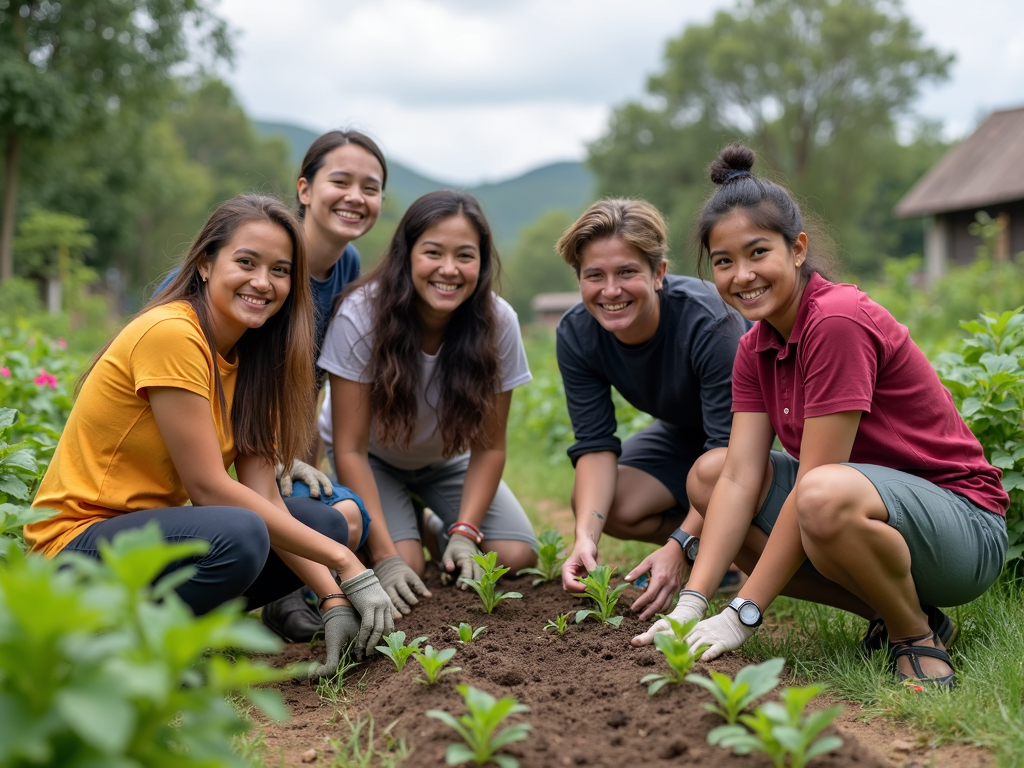 College students volunteering abroad in a community garden project.