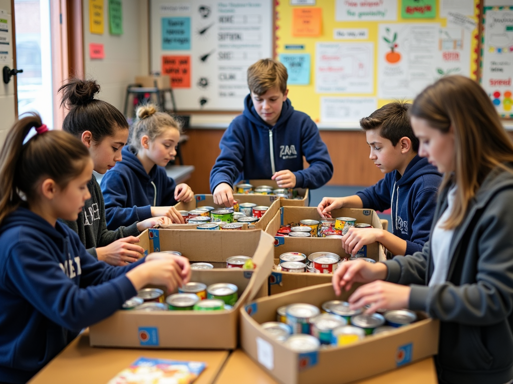 Students preparing donations for a food bank.