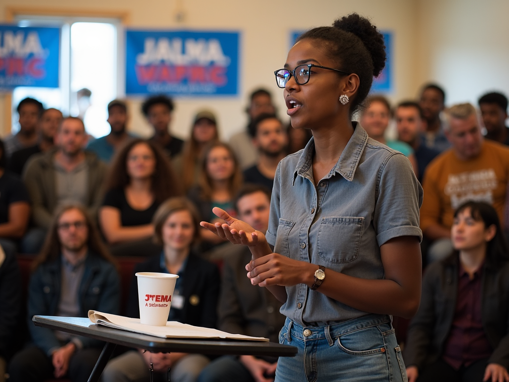 Volunteer speaking at a political campaign event