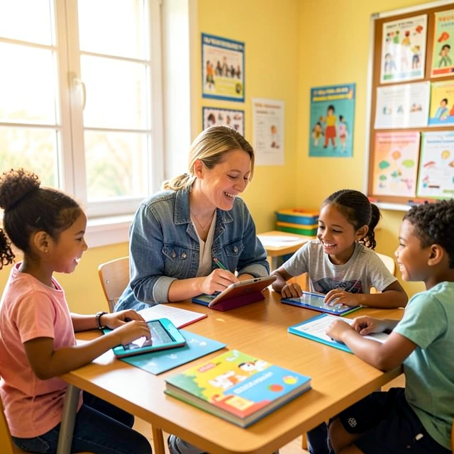 Volunteer tutor working with children using skill-based methods in a classroom