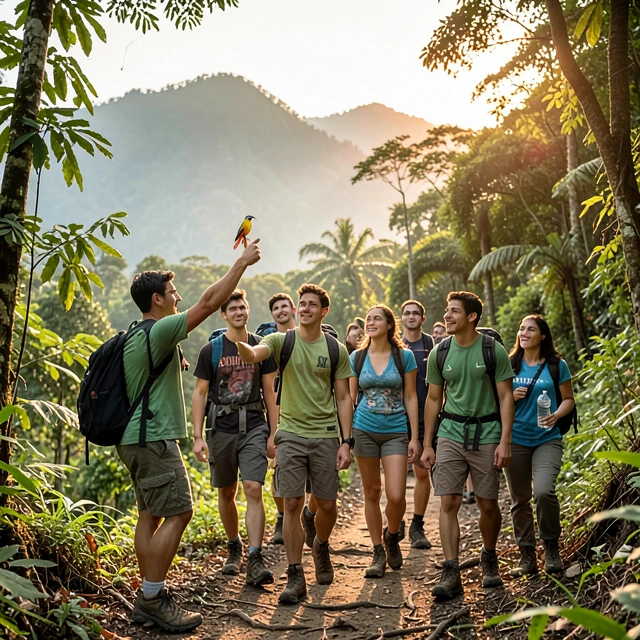 College volunteers hiking in a Costa Rican rainforest for conservation work