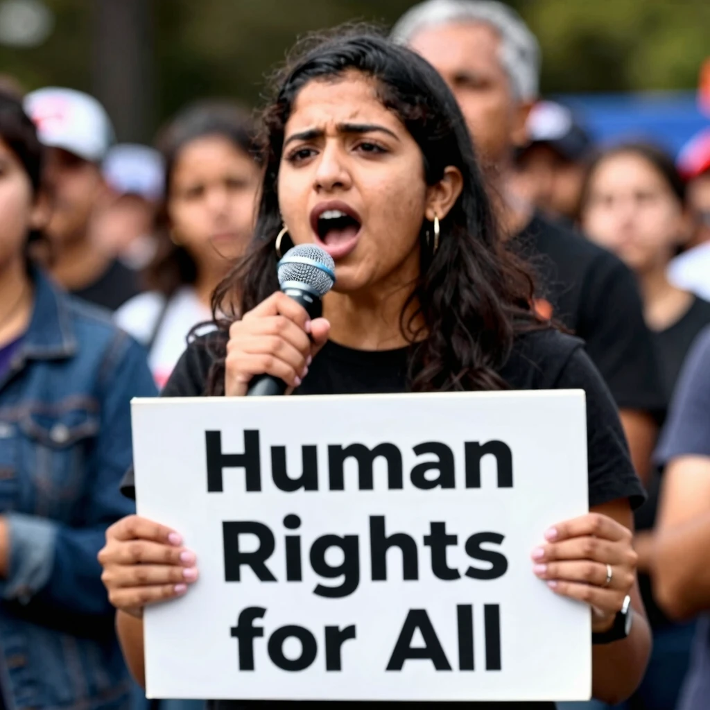 Volunteer speaking passionately at a human rights rally