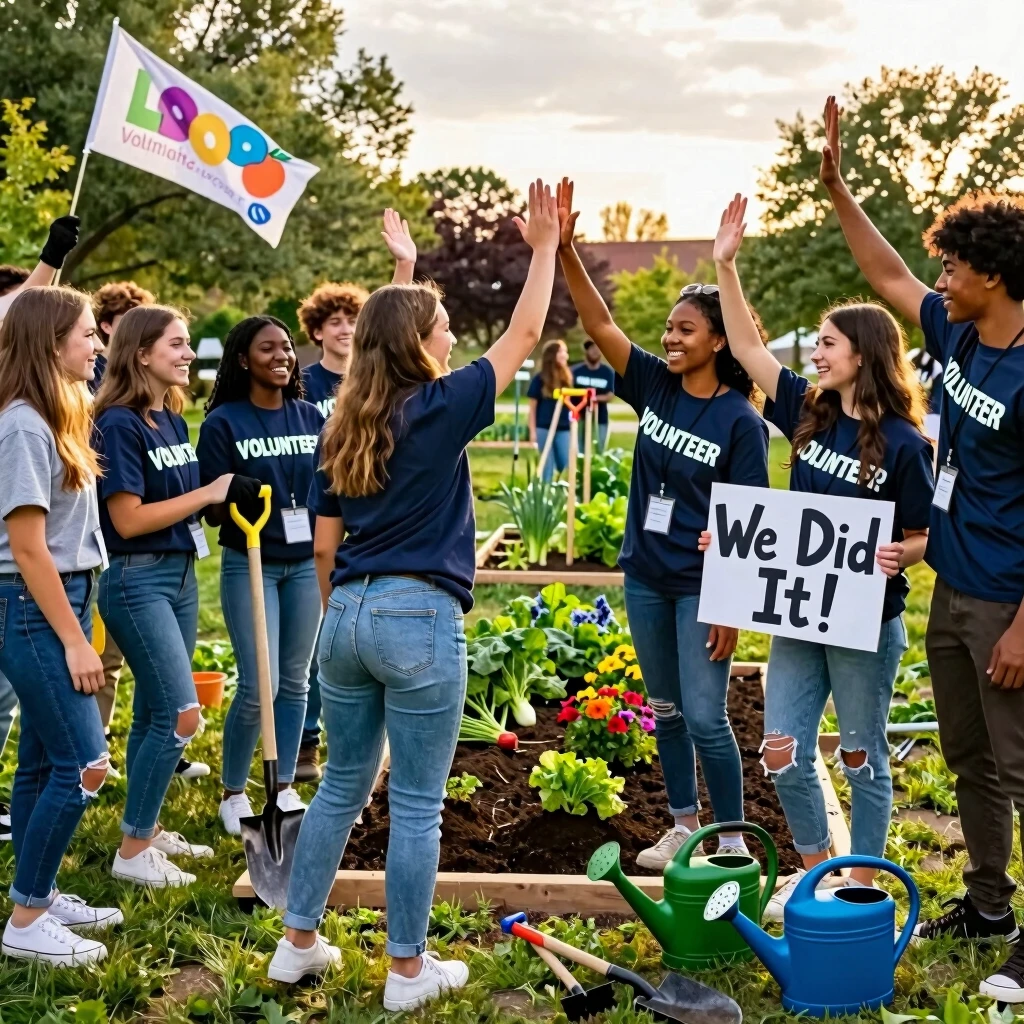 Youth volunteers celebrating the success of their community garden advocacy project