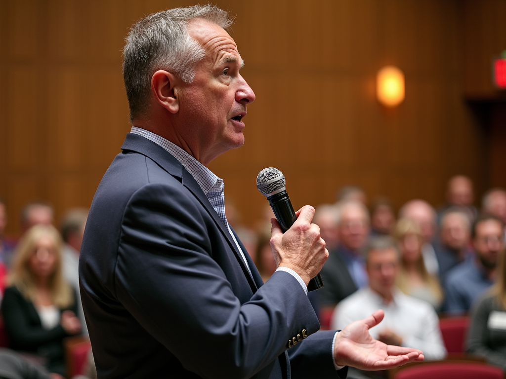 Volunteer advocating at a town hall meeting