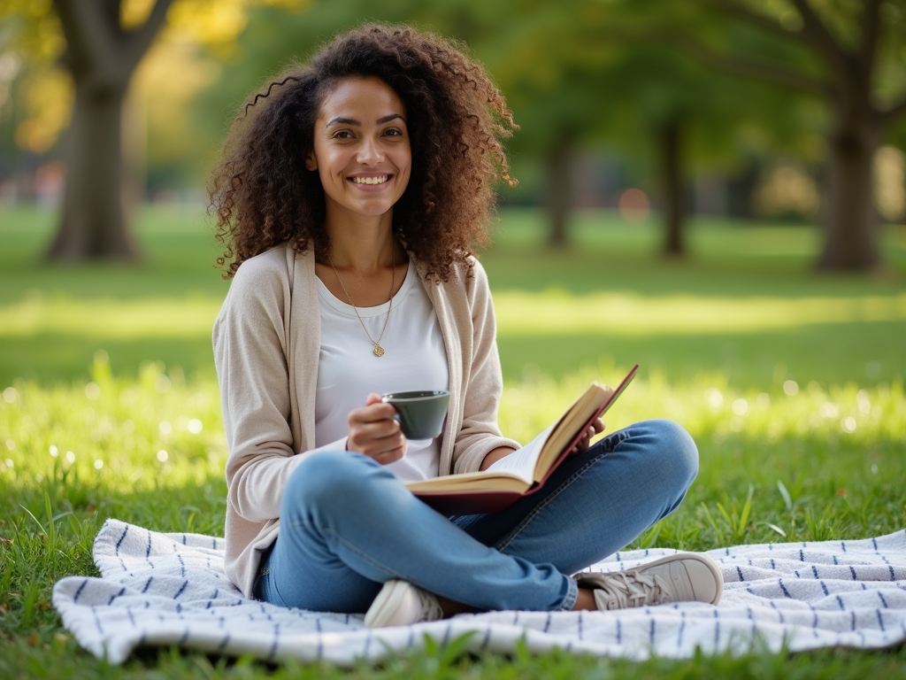 A volunteer enjoying a peaceful moment with a book in a park.