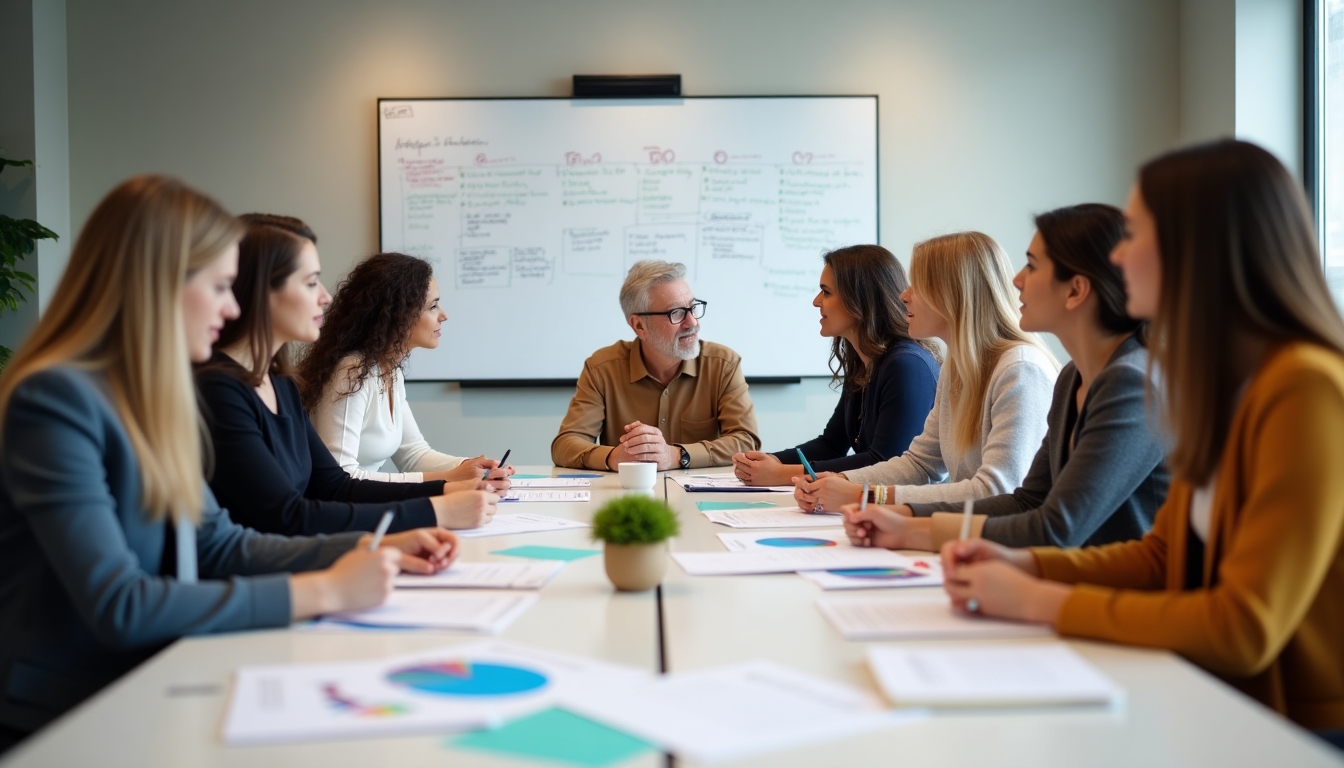 A diverse group of board members engaged in a strategic planning session.