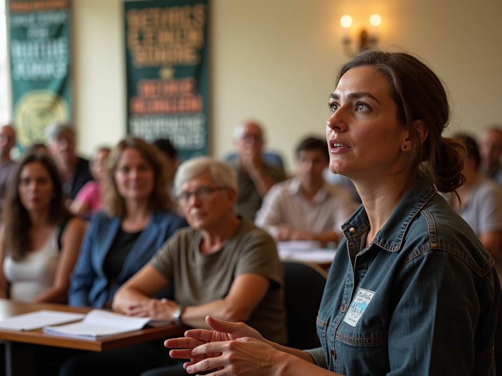 Volunteer advocating for cleaner air policies at a community meeting