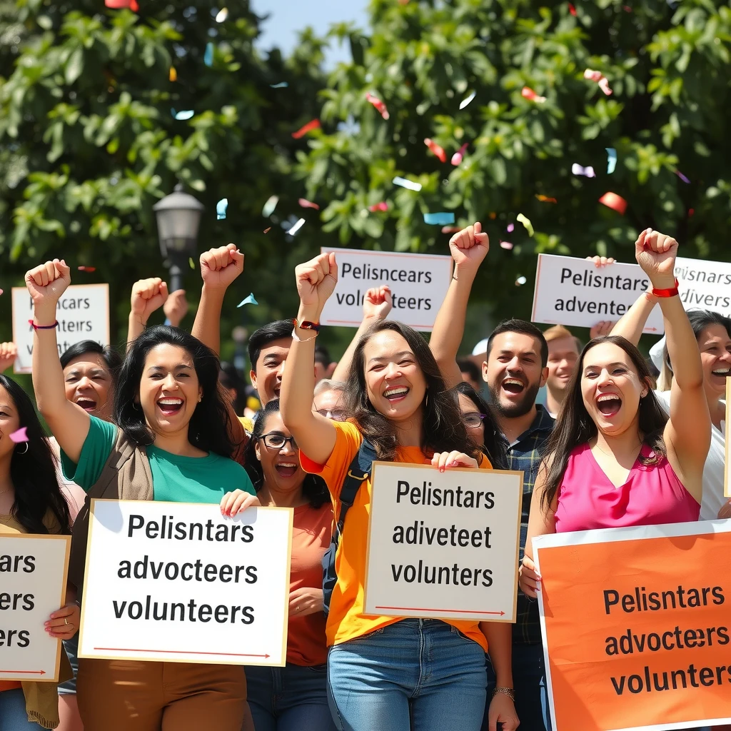 Advocacy volunteers celebrating success at a rally