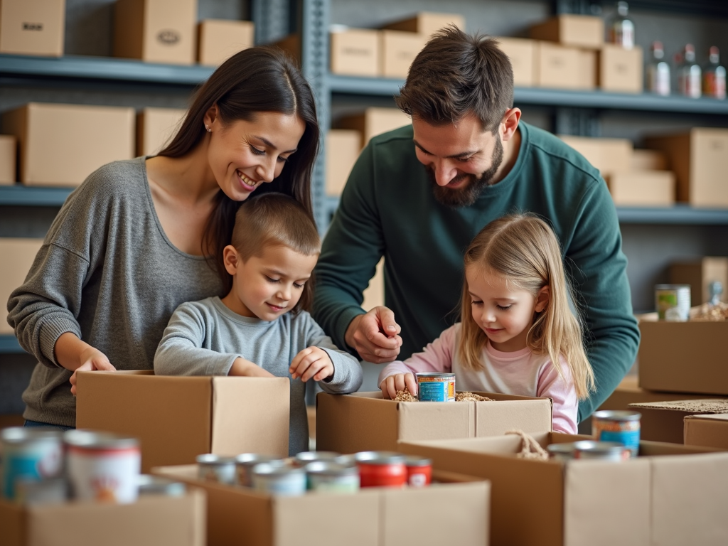 Family volunteering at a food bank