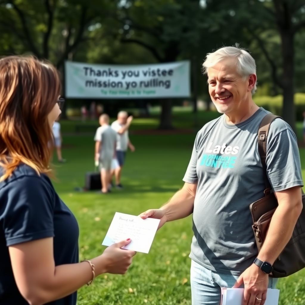 Volunteer handing a thank-you note to a donor at a community event