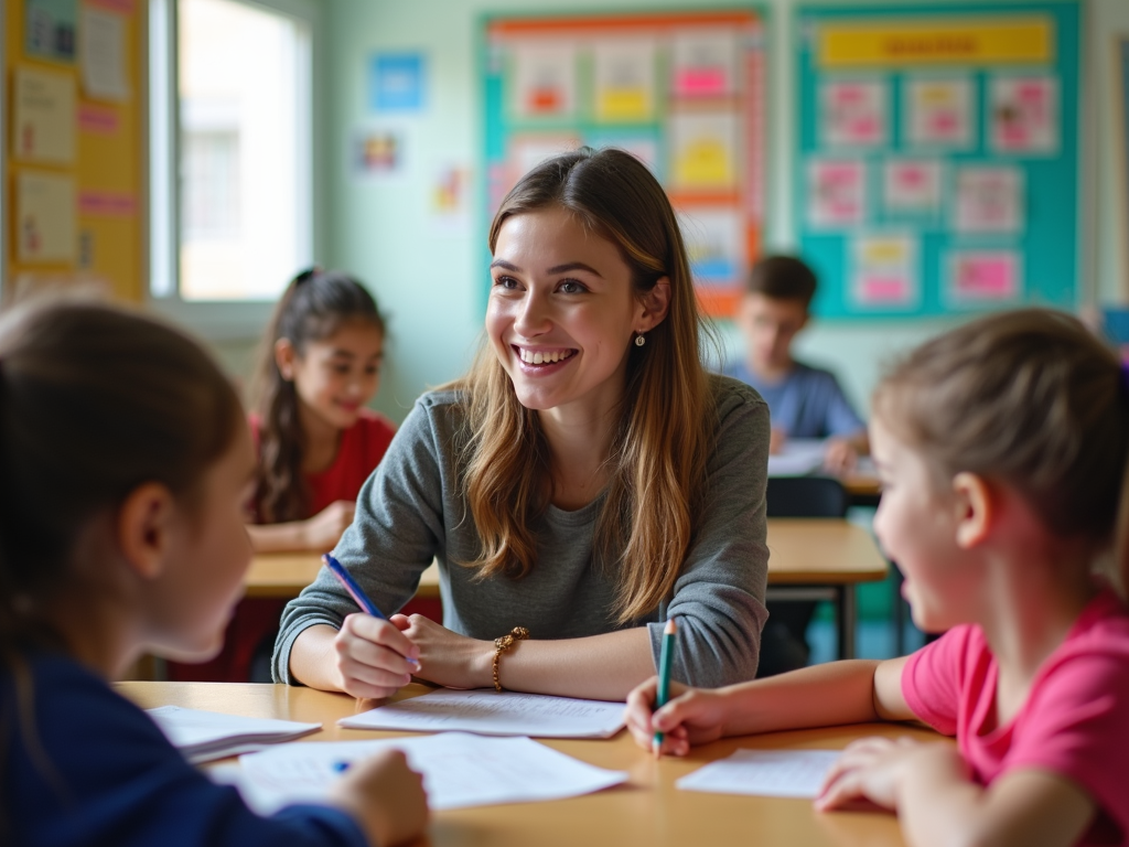 Volunteer teaching English to children in a foreign classroom.