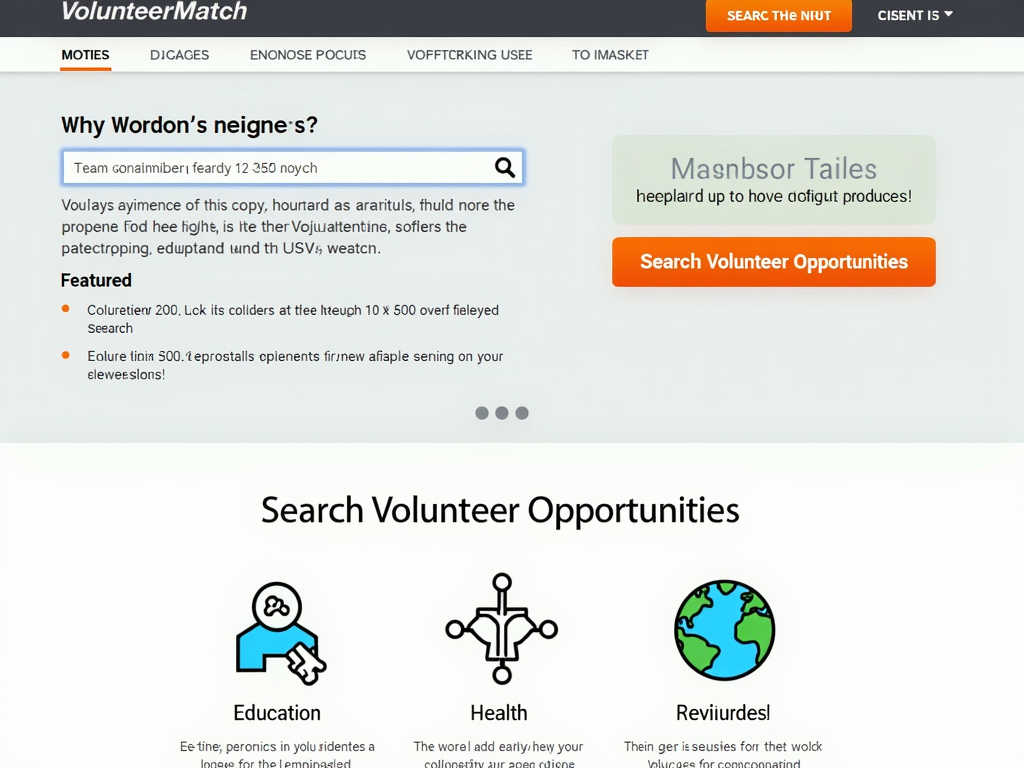 VolunteerMatch homepage with search bar and featured opportunities