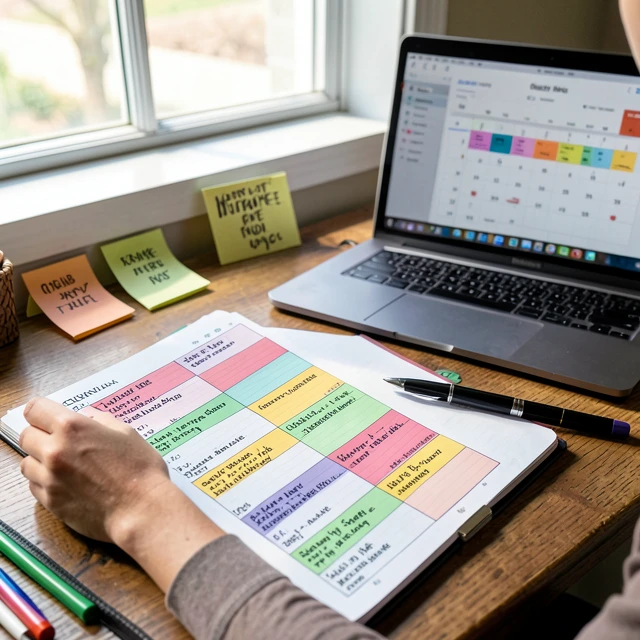 Organized student planner showing balanced weekly schedule for academics and activities