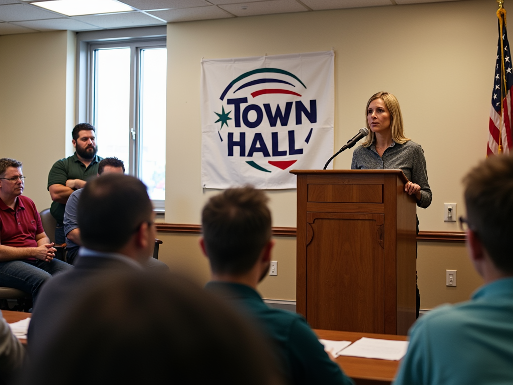 Volunteer speaking at a town hall meeting.