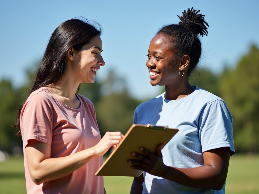Two volunteers discussing over a clipboard while smiling