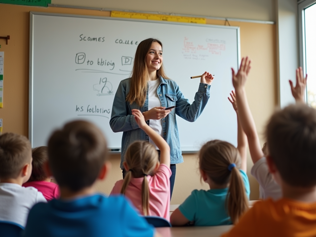 College student teaching children in a classroom