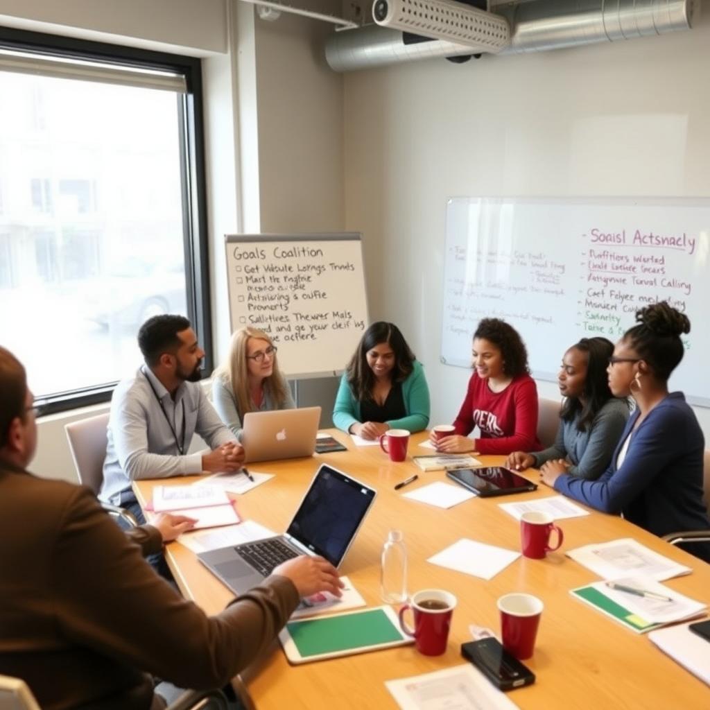 Advocates discussing strategies around a conference table in a modern meeting room.