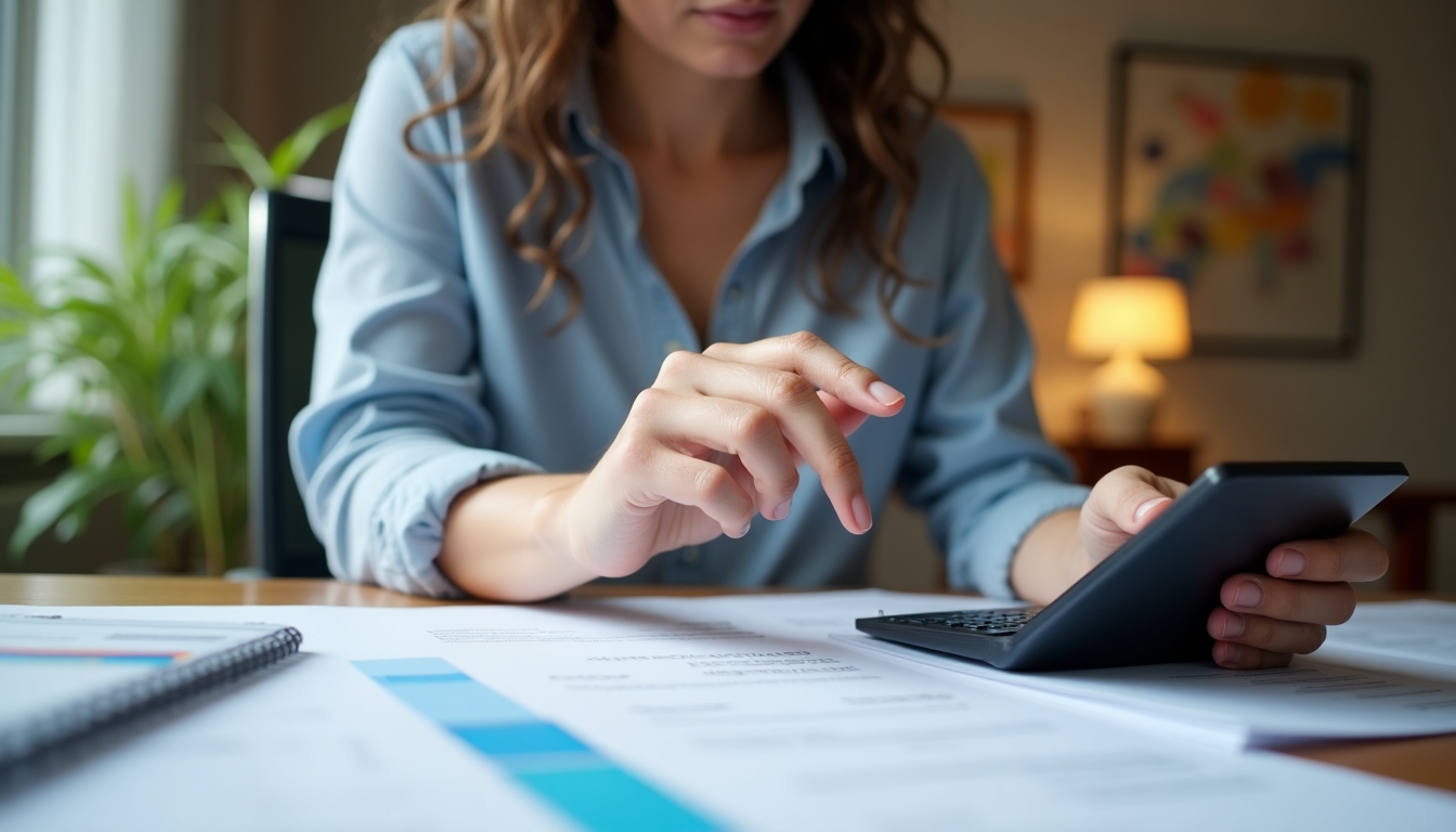 An accountant calculating the budget with a calculator and financial documents.