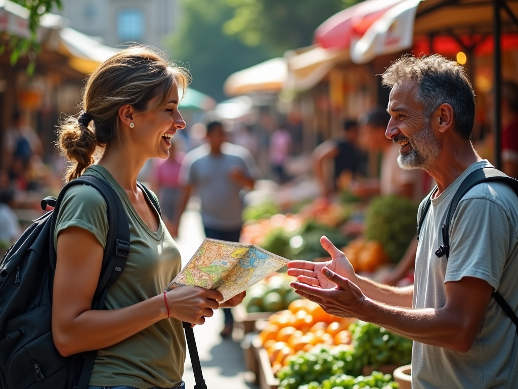 Traveler conversing with vendors in a vibrant market.