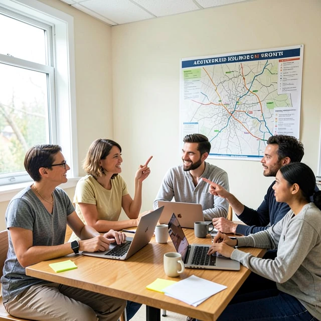Group of volunteers planning advocacy strategies in a community center